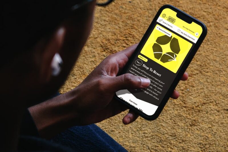 Person holding a smartphone displaying an app with a yellow background and black leaf design, on a brown carpet.
